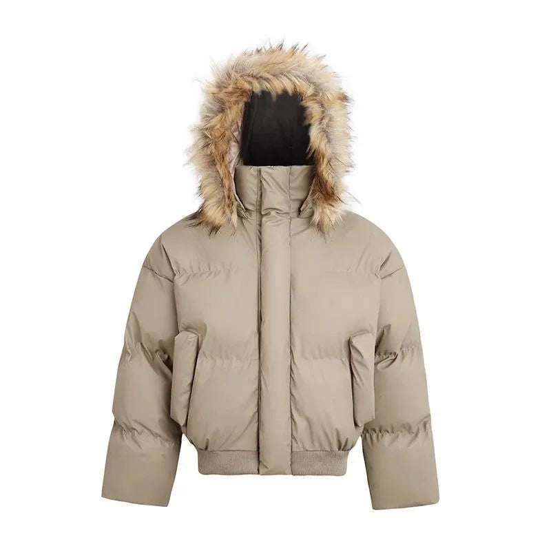 2024 American New Fashion Solid Color Fur Collar Hooded Cotton-padded Jacket Women Y2K Harajuku Gothic Hip-hop Pop Jacket Coat