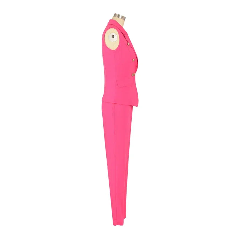 Business OL Work Wear Two Piece Pant Suits for Women Set Elegant Sleeveless Blazer Top + Pencil Pants Office Lady Matching Sets