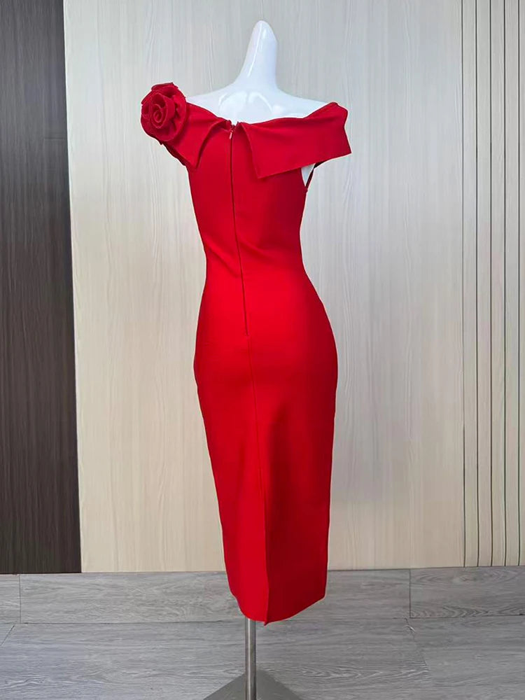 2026 Sexy Off The Shoulder Flower Patchwork Bandage Dress Women Red Florals Bodycon Midi Dresses Evening Party Gowns