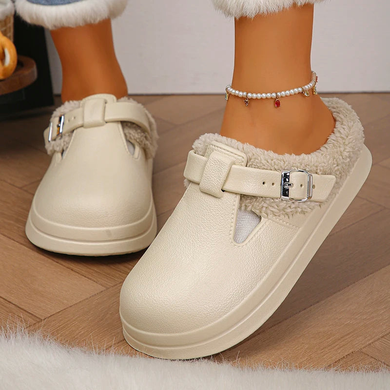 Winter Warm Fluffy Clogs Slippers Women Eva Waterproof Non Slip Home Slides Woman Lightweight Soft Sole Fuzzy Cotton Slippers