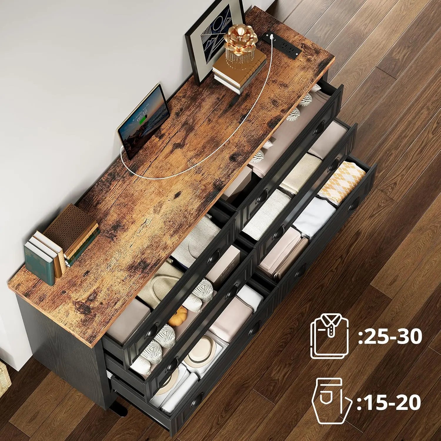 59" 6 Drawers Dresser for Bedroom, Power Strip, Farmhouse Large Wood Dressers & Chest of Drawers with Wide Storage, Customized