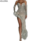 Sparkly Silver Champagne Evening Dress Corset Bodice Ruffled Slit Beaded Mermaid Formal Gowns Wedding Reception Vestidos Custom
