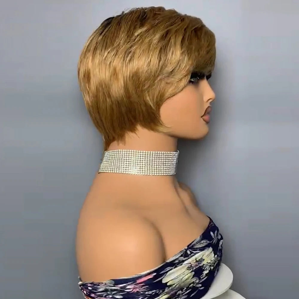 Short Pixie Cut Human Hair Wigs Brazilian Human Hair Wigs Full Machine Made Short Straight Wigs For Women T2/27B# None Lace Wigs Secondary image