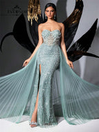 FATAPAESE Glamour Sequin Pearls Luxury Evening Dresses Sexy Tulle Train Party Dress for Wedding Charity Prom Award Ceremony