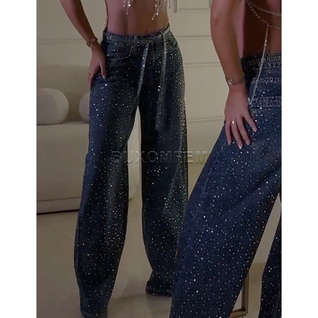 Women's Wide Leg Loose Jeans Drilled Straight Leg Pants 2026 Stylish Baggy Trousers Ladies Fashion Y2K Streetwear Outfit Bottoms