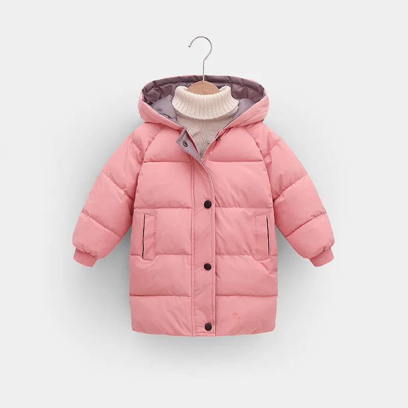 New Children's Long Thickened Down Cotton Jacket Winter Boys Solid Colour Warm Hooded Jacket Girls Casual Cold Outerwear 5-14Y Secondary image