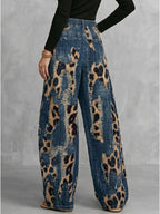 Freeacy 2026 Women High Waist Leopard Print Distressed Eyelet Hole Wide Leg Jeans Daily Casual Streetwear Demin Pants
