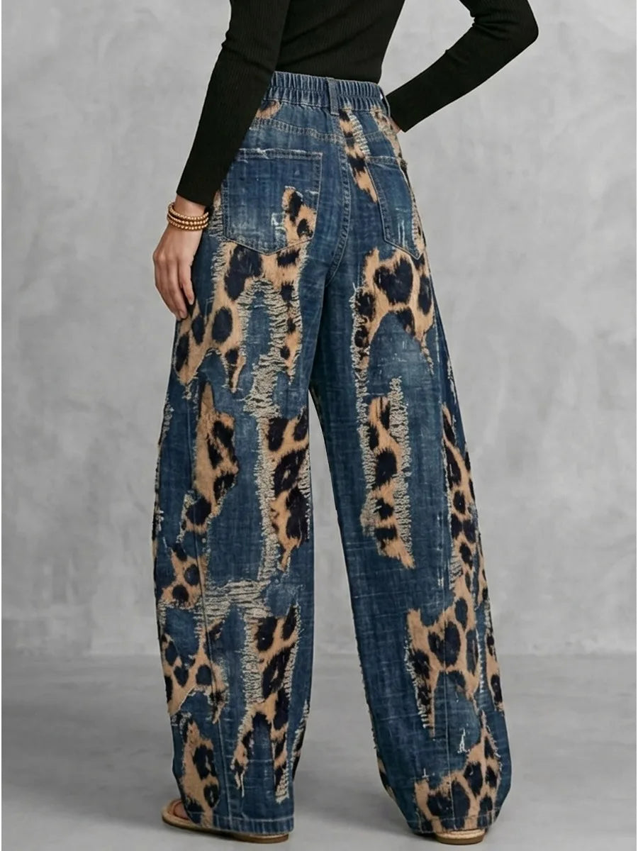 Freeacy 2026 Women High Waist Leopard Print Distressed Eyelet Hole Wide Leg Jeans Daily Casual Streetwear Demin Pants