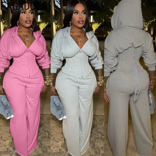 FAGADOER Casual 2 Pieces Set for Woman Outfits Solid Color Bandage Patchwork Hooded Crop Top and Pants Suit Female Streetwear