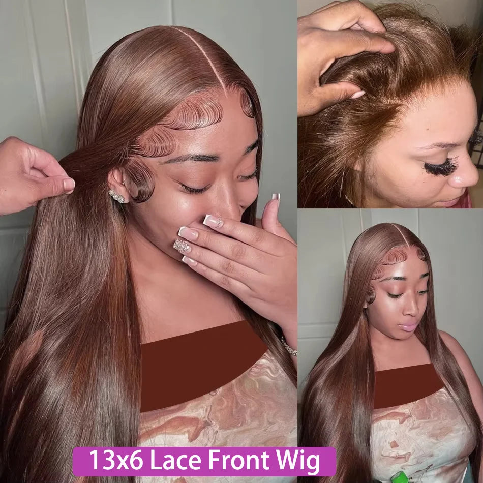 Chocolate Brown Straight 13X6 Hd Lace Frontal Wig Colored 100% Human Hair 13X4 Lace Front Wigs For Women Preplucked 30 36 Inch