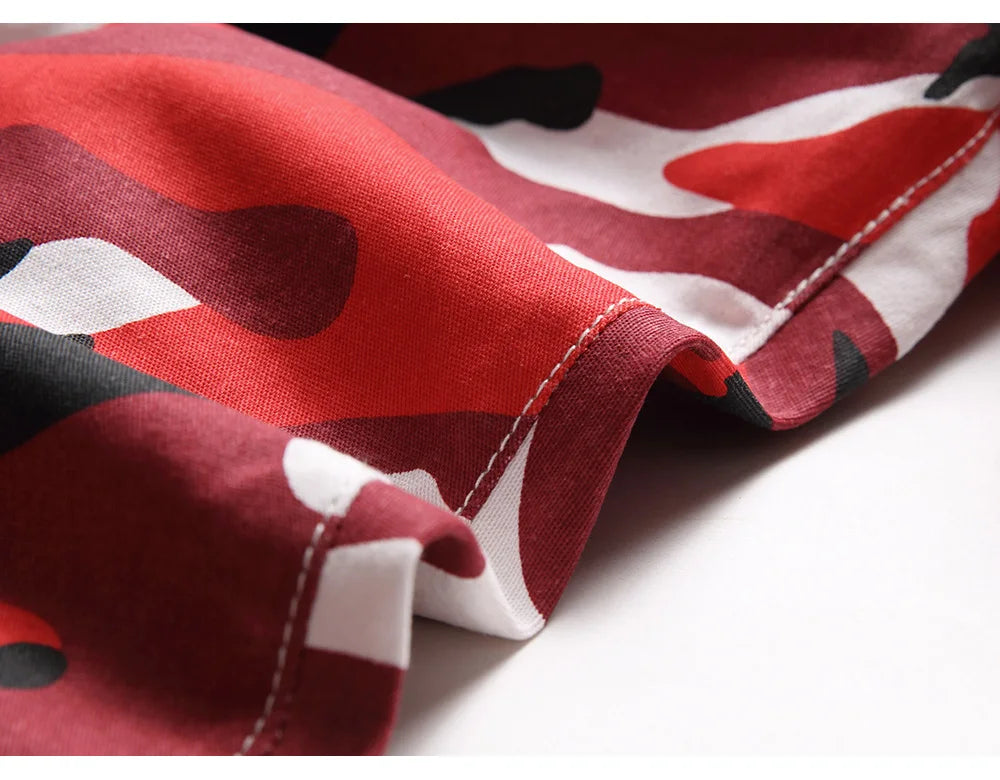 Men Red Camouflage Print Jeans Casual Slim Straight Pants Contrast Color Streetwear Trousers