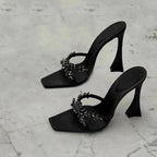 2026 NEW High Quality Luxury Heels Women's Sandals Designer Shoes Rhinestone Square Toe Open Toe Slides Женская Обувь