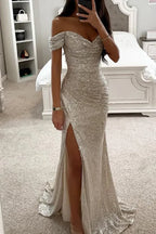 Women's S-XL Size New Party Sequins One line Neck Split Dress INS Casual Versatile Fashionable Charming Slimming Dress for Women