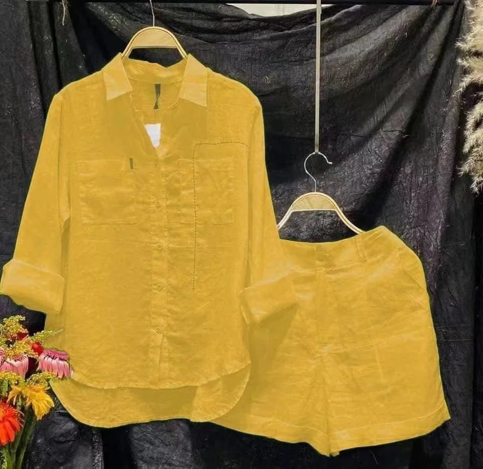 Summer Cotton Linen Casual Home 2 Piece Set For Women 2026 Fashion White Long Sleeve Shirt And Shorts Two Piece Sets Tracksuit
