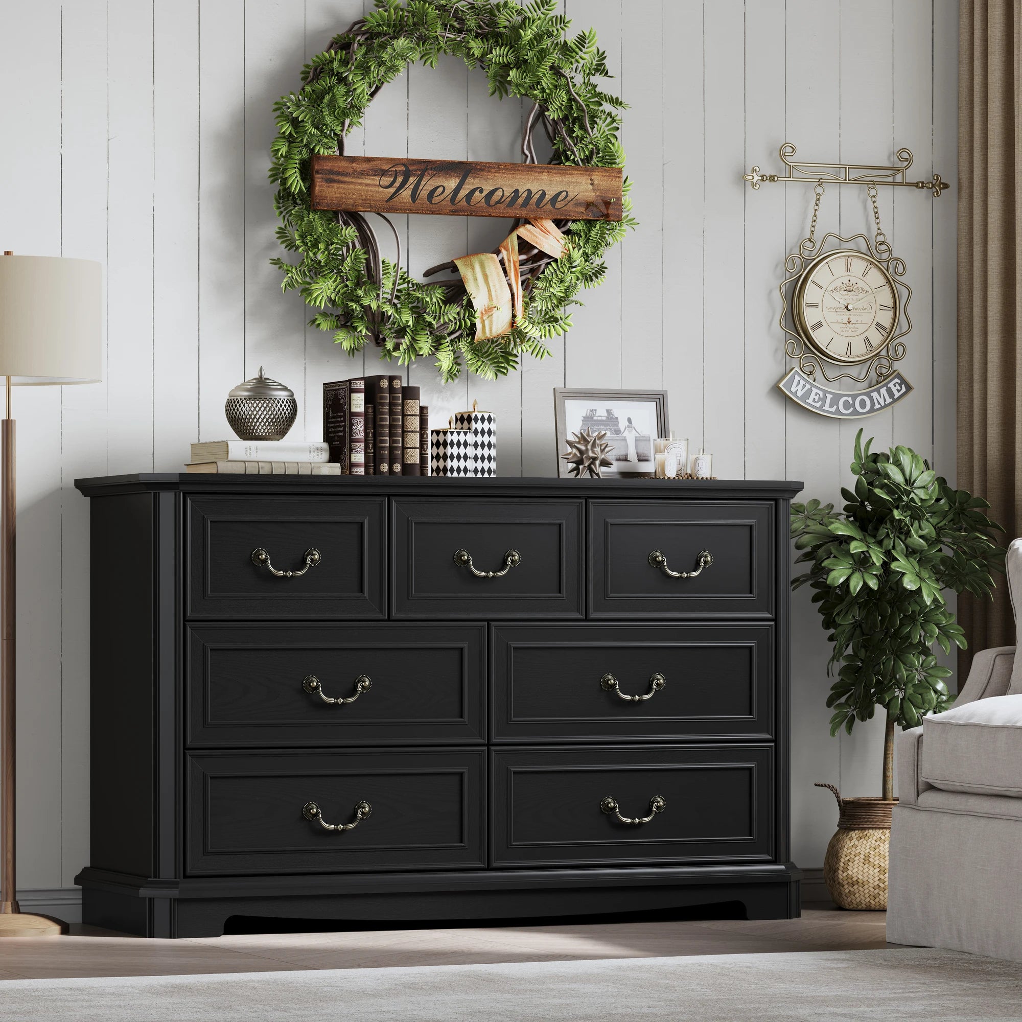Farmhouse Dresser for Bedroom with 7 Drawer, Wood Vintage Dresser TV Stand for Living Room, Hallway