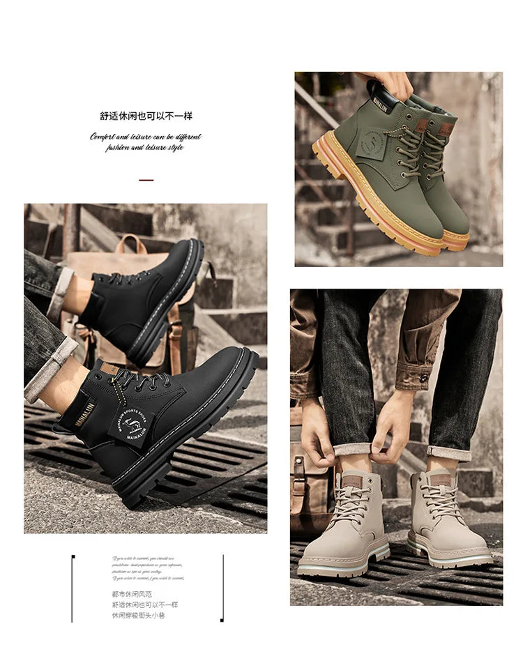 Classic Men High Top Boots High Quality Yellow Leather Boots Fashion Outdoor Sneakers Men Lace Up Non-Slip Ankle Boots for Men