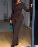 Swing Collar Ruched Jumpsuit Long Sleeve Solid Elegant Office Ladies Asymmetric Hem Autumn Casual Vintage Ruched Slim Rompers