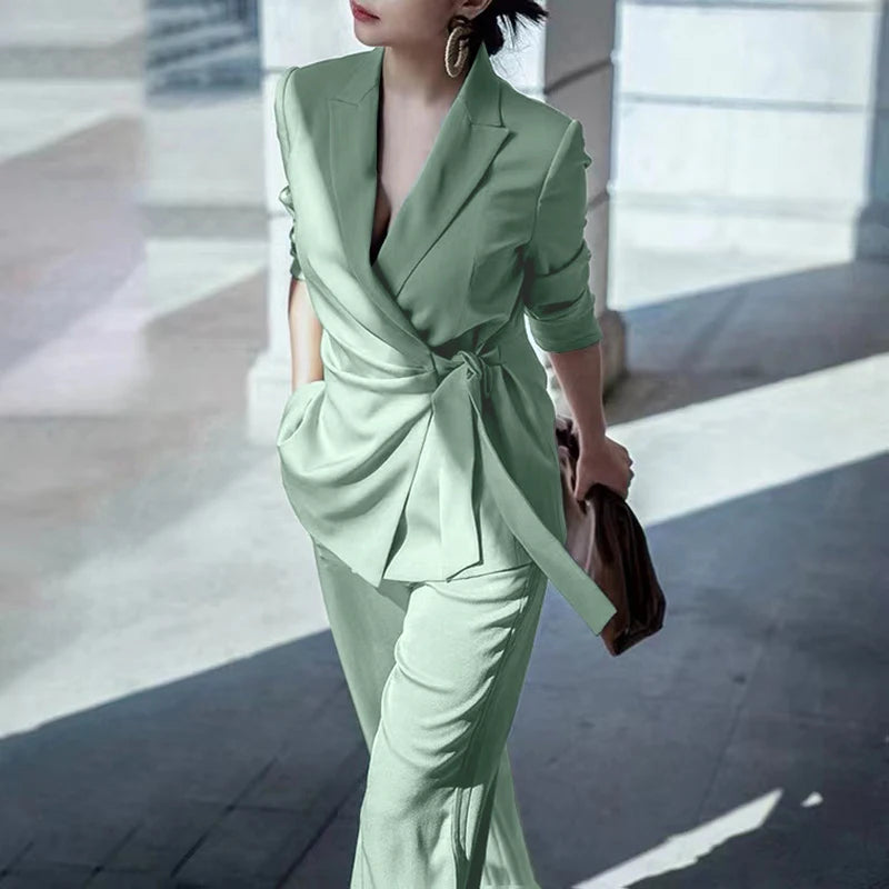 ZANZEA Elegant Office Lady Blazer Suits Women Classy Tied Waist Top and Pant 2pcs Outfit Streetwear Trend Commute Pant Sets 2025