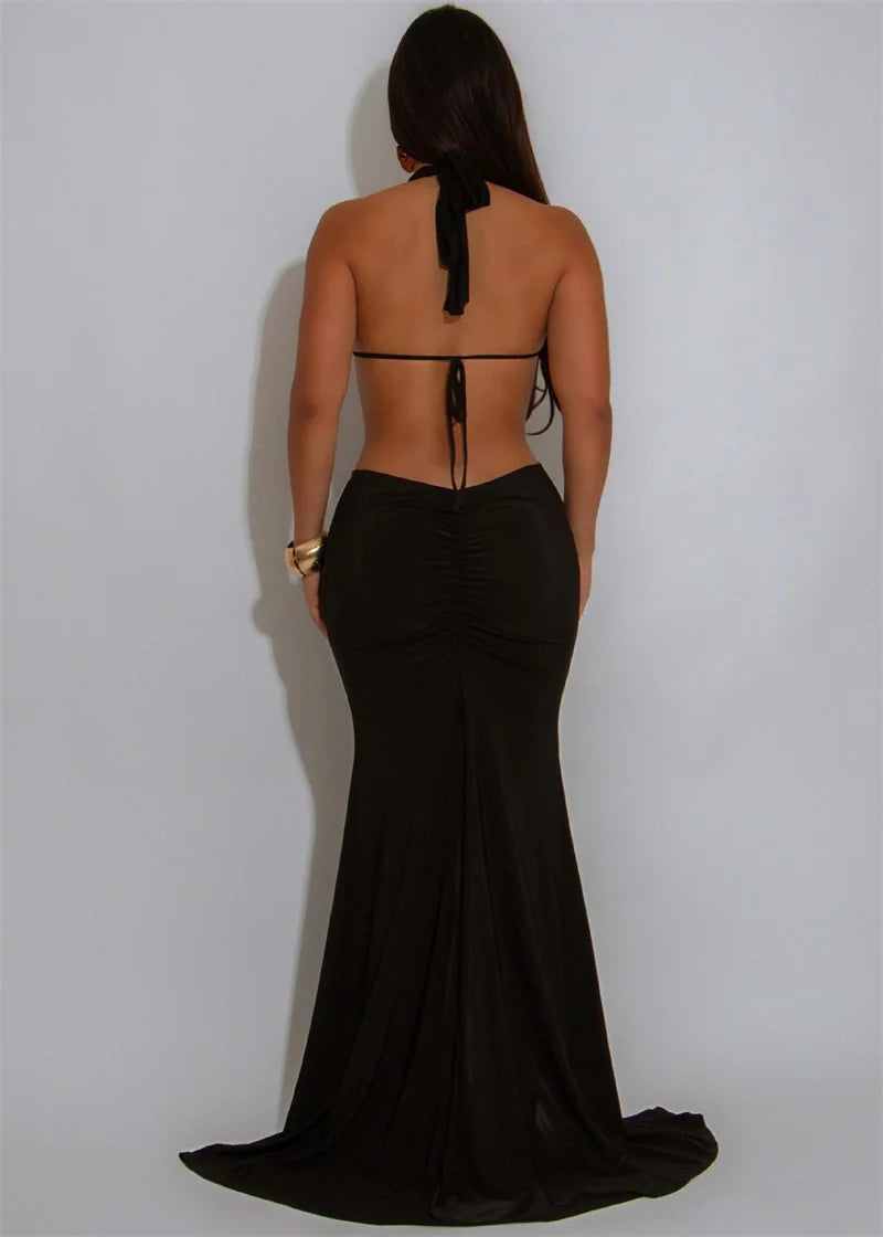 Sexy Halter Backless Mermaid Evening Dresses Woman Nightclub Prom Celebrity Metal Ring Bandage High Split Party Long Dress Robes