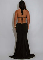 Sexy Halter Backless Mermaid Evening Dresses Woman Nightclub Prom Celebrity Metal Ring Bandage High Split Party Long Dress Robes