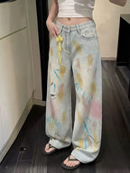 2026 Trend Y2K Style Graffiti Design Vintage Blue Baggy Women's Ripped Jeans Pants For Woman Clothing Straight Denim Trousers