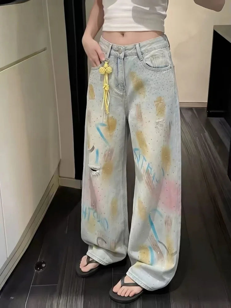2026 Trend Y2K Style Graffiti Design Vintage Blue Baggy Women's Ripped Jeans Pants For Woman Clothing Straight Denim Trousers