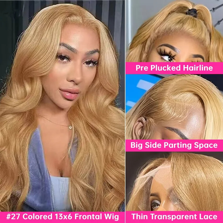 13x6 HD Body Wave Honey Blonde Lace Front Human Hair Wig For Women Colored #27 13x4 Transparent Lace Frontal Wigs Pre Plucked