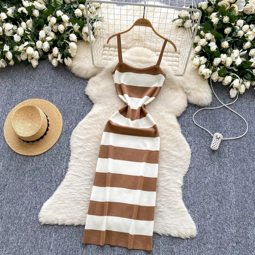 Lady New Stripes Ins Fashion Sexy Package Hips Bodycon Dress  Summer Knitted Spaghetti Straps Outfits Maxi Long Women Dress