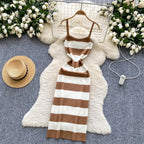 2025 & 2026 Lady New Stripes Ins Fashion Sexy Package Hips Bodycon Dress  Summer Knitted Spaghetti Straps Outfits Maxi Long Women Dress