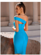 Bandage Dress Women Elegant Black One Shoulder Strapless Celebrity Runway Party Dress White Blue Split Party Pink Evening Dresse