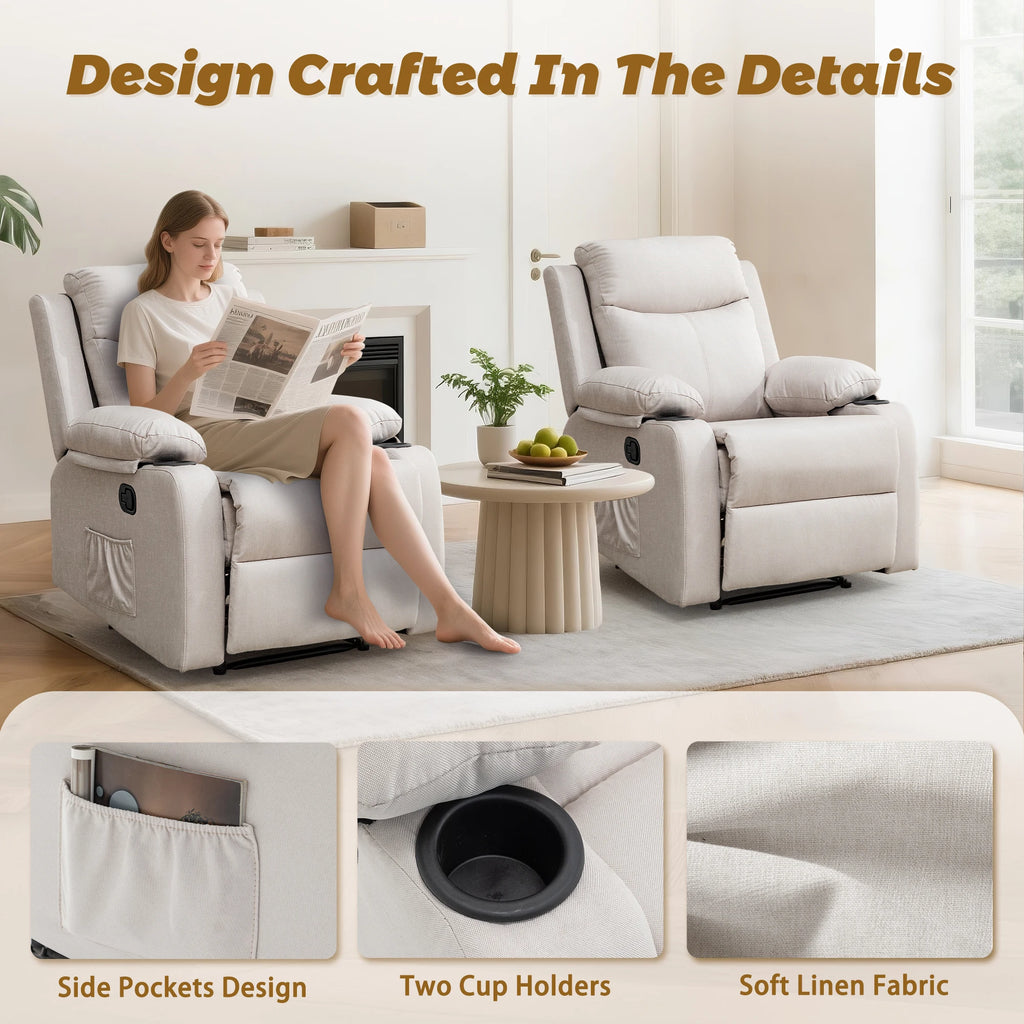Korser Small Recliners for Small Spaces, Reclining Manual Chair with Cup Holders and Side Pockets  for Living Room, Bedroom