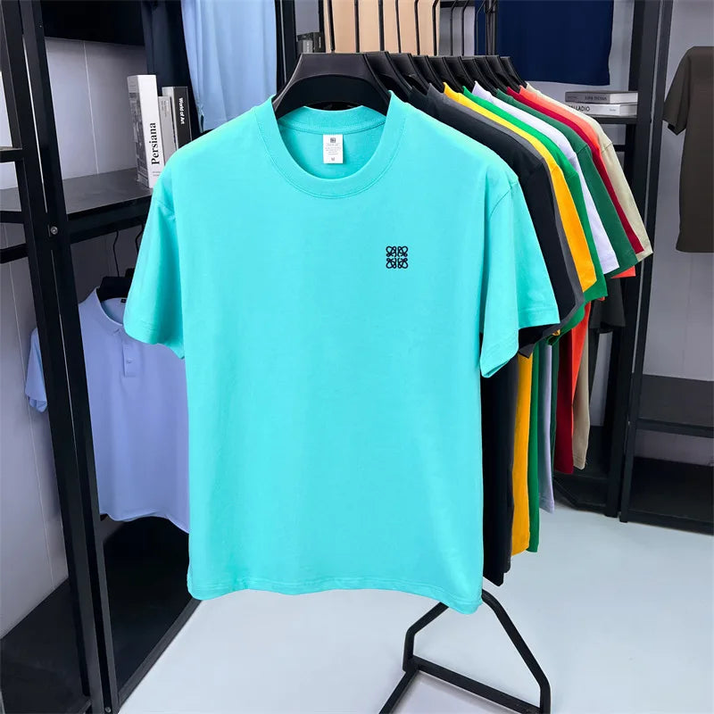 Summer Luxury 100%cotton Man Short-Sleeved T-Shirt Round Neck Delicate Embroidery Absorb Sweat Ventilate Leisure Men's Clothing
