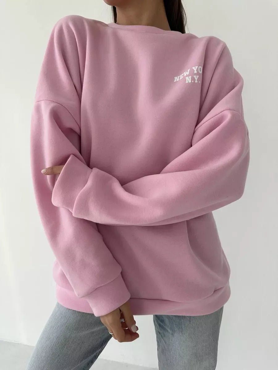 Popular Letter Printing Autumn Winter Loose Versatile Temperament Lazy Style Casual Round Neck Sweatshirt for Women