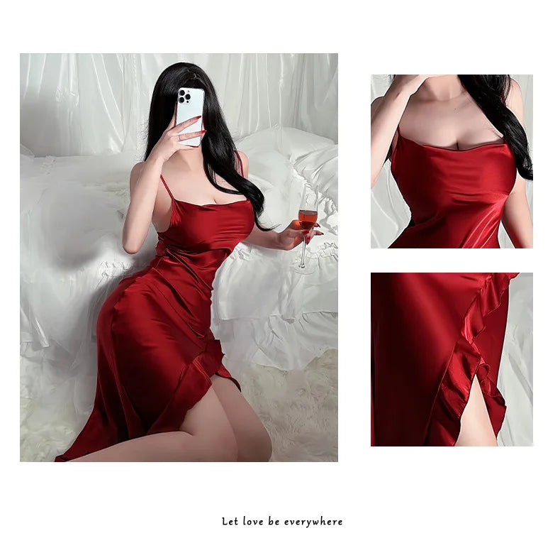 Red New Sling Sexy And Charming Ruffle Edge Bottom Split Smooth Surface Sleeveless Appear Thin Temperament Girl Long Dress 👗