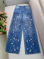 Summer Women Jeans Floral Embroidery Straight Trousers Designer Streetwear Casual Hollow Out Vintage High Waist Denim Long Pants