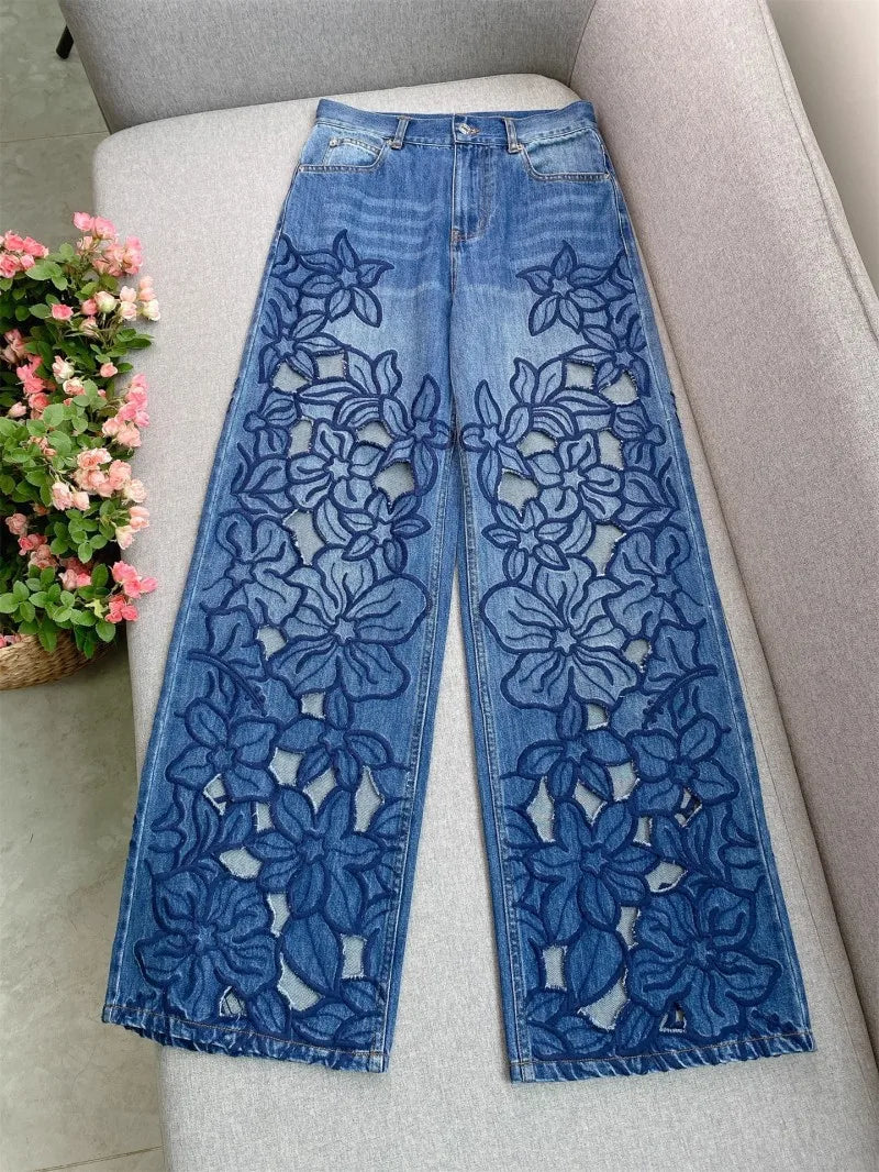 Summer Women Jeans Floral Embroidery Straight Trousers Designer Streetwear Casual Hollow Out Vintage High Waist Denim Long Pants
