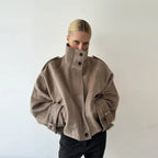 Casual Solid Loose Jackets Women Fashion Full Sleeve Single Breasted Stand Collar Short Coats Female 2025 Autumn Lady Outwears