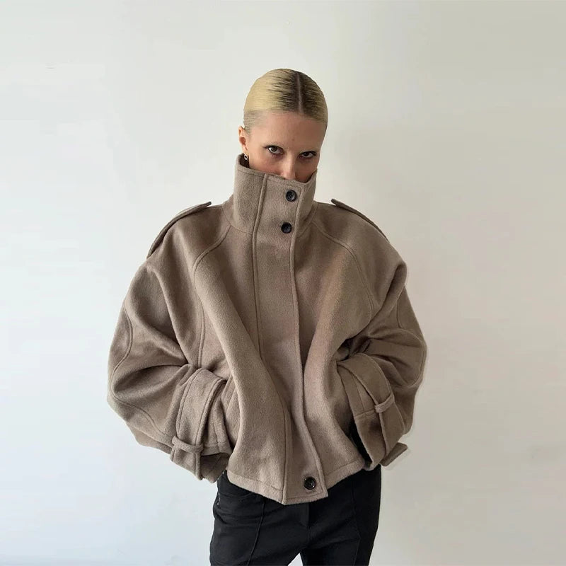 Casual Solid Loose Jackets Women Fashion Full Sleeve Single Breasted Stand Collar Short Coats Female 2025 Autumn Lady Outwears