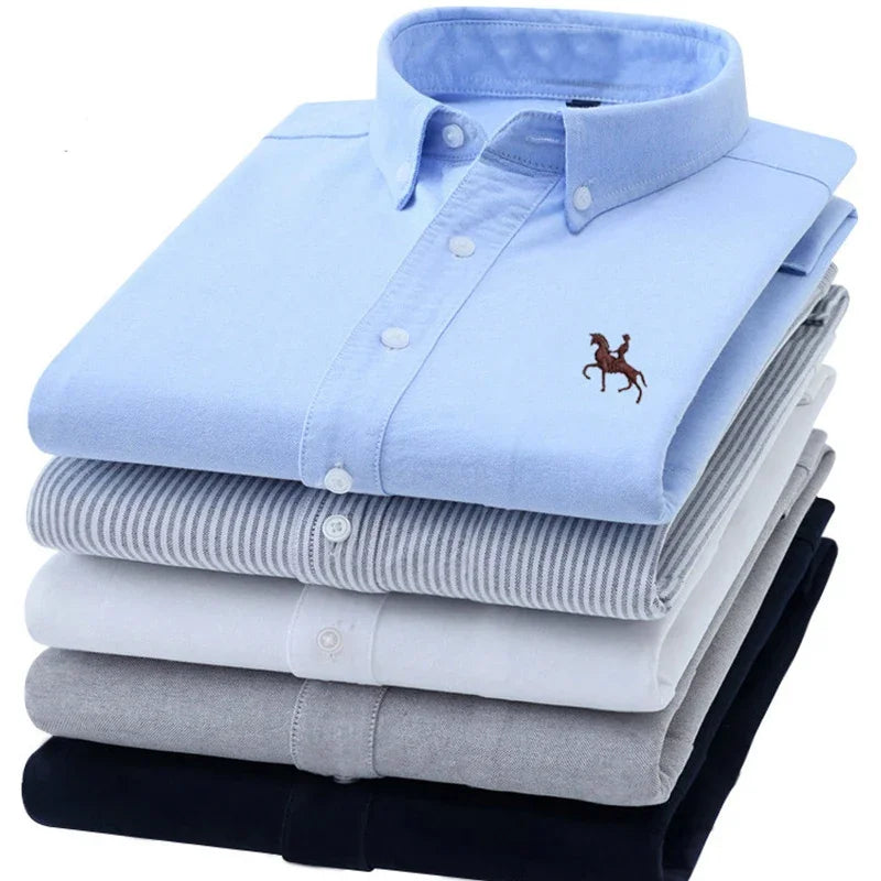 Casual Pure Cotton Oxford Mens Shirts Long Sleeve Embroidery Horse Design Regular Fit Fashion Button Man White Dress Shirt Main image