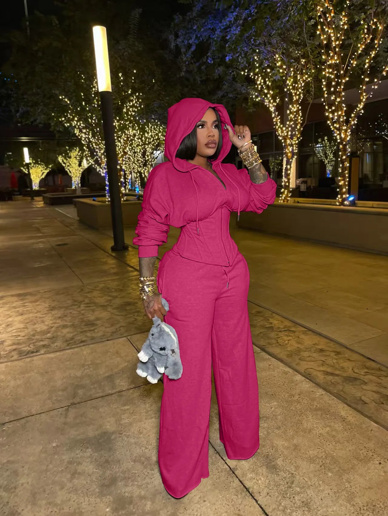 FAGADOER Casual 2 Pieces Set for Woman Outfits Solid Color Bandage Patchwork Hooded Crop Top and Pants Suit Female Streetwear