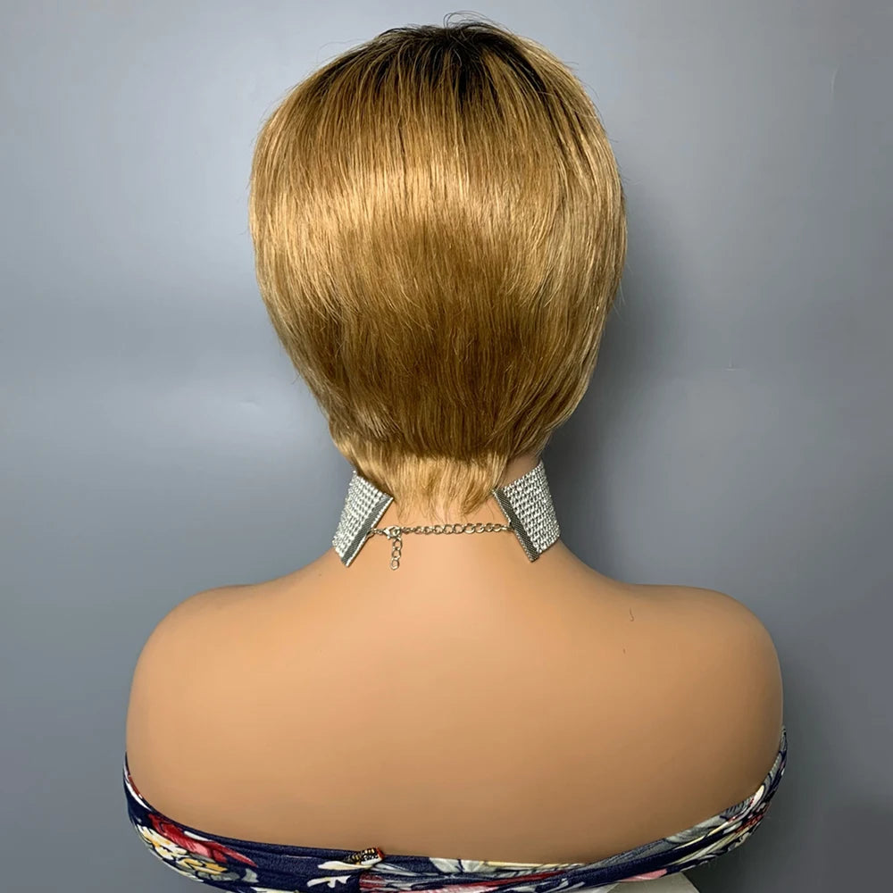 Short Pixie Cut Human Hair Wigs Brazilian Human Hair Wigs Full Machine Made Short Straight Wigs For Women T2/27B# None Lace Wigs