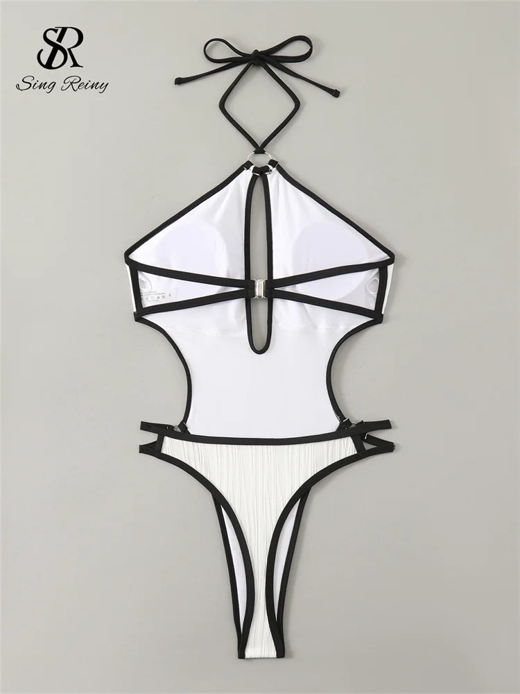 SINGREINY Hollow Out Halter Bikini Swimsuits Irregular Sheath Short Bodysuits Fashion Women Backless Beach Style Sexy Playsuits Secondary image