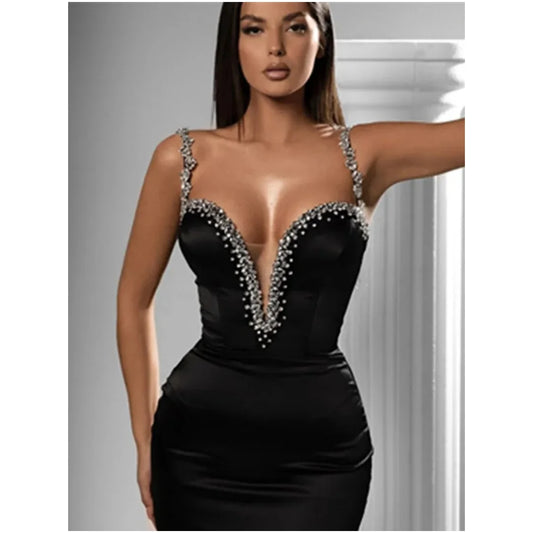 Women's Sexy V Neck Beading Diamonds Black Mini Bodycon Bandage Dresses 2024 Summer Fashion Elegant Evening Cocktail Party Dress