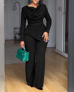 Swing Collar Ruched Jumpsuit Long Sleeve Solid Elegant Office Ladies Asymmetric Hem Autumn Casual Vintage Ruched Slim Rompers