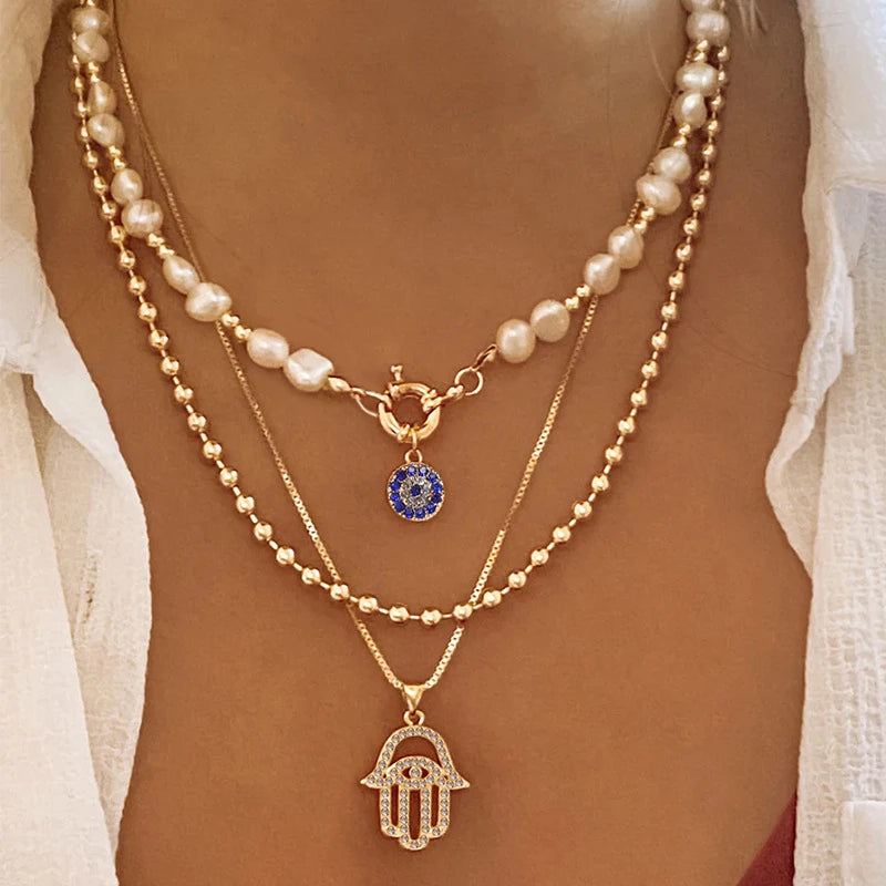 Classic Pendant Necklace for Women Micro Zircon Turkish Lucky Evil Eyes Palm Cross Pearl Multilayer Metal Chain Choker Jewelry Main image
