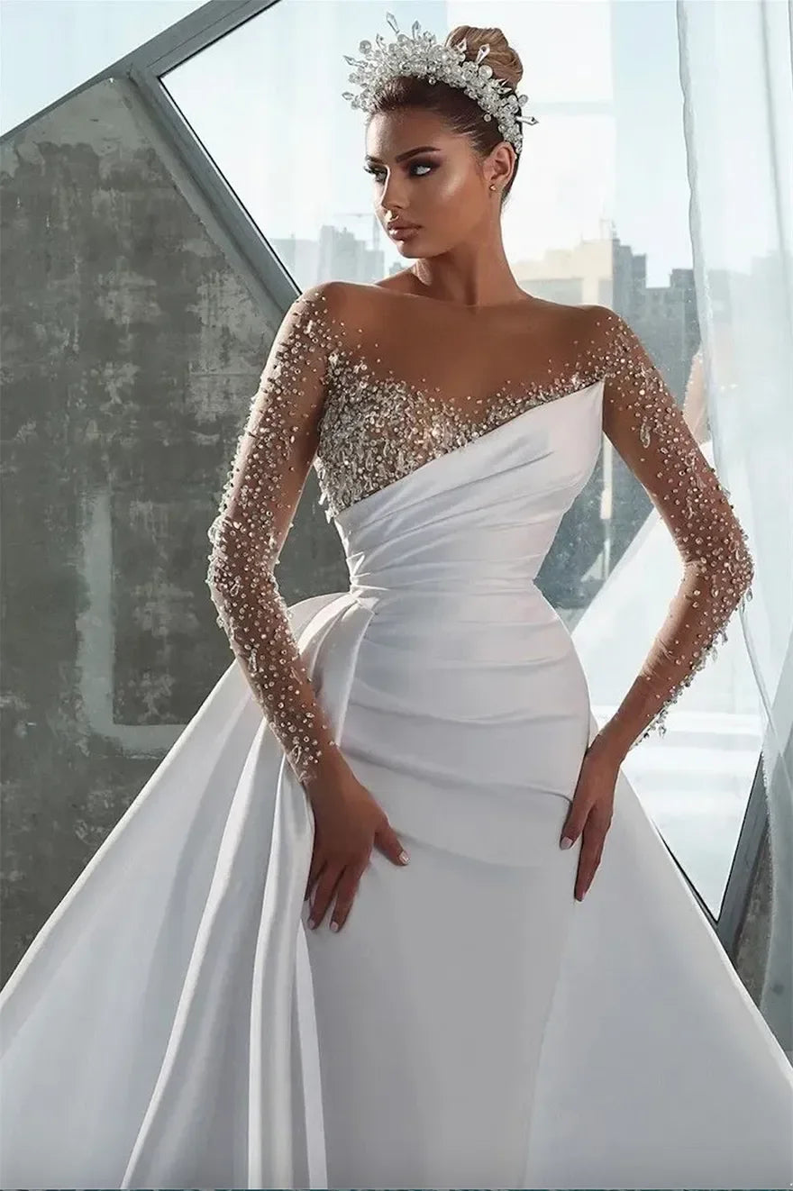 Custom Sexy Sheer Long Sleeve Crystals Jewel Neck Mermaid Wedding Dresses Beads Arabic Dubai Bridal Gowns with Detachable Skirt Secondary image