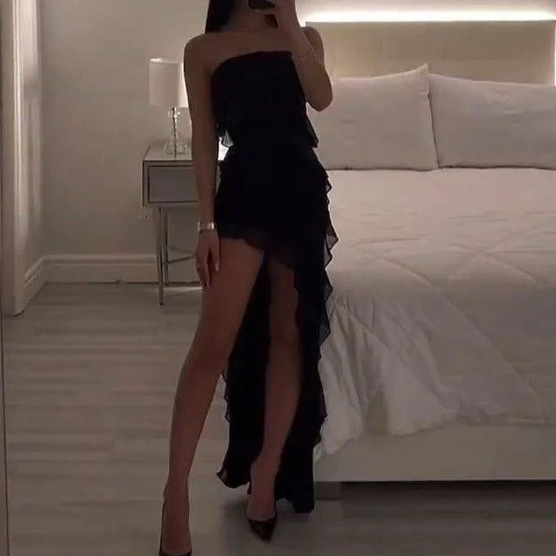 Women Strapless Sexy Floral Fold Hemline High Slit Mini Dress  2026 Solid Backless Sleeveless Black And Pink Party Dress Vestidos