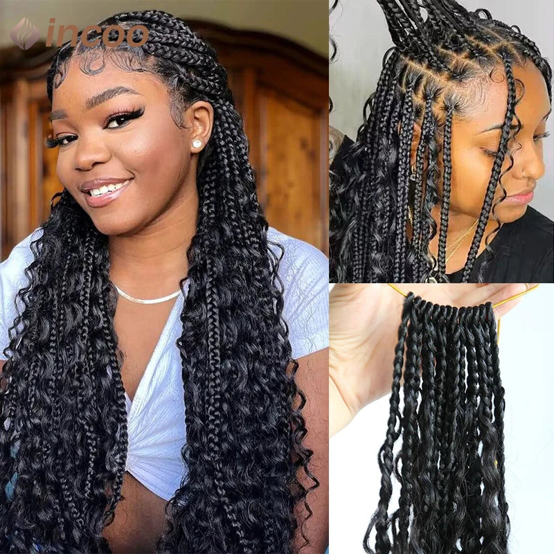 Boho Box Braided Wigs Curly Hair Synthetic Full Lace Front Wigs for Black Women Goddess Locs Braid Wig Bohemian Box Braid Wig Secondary image