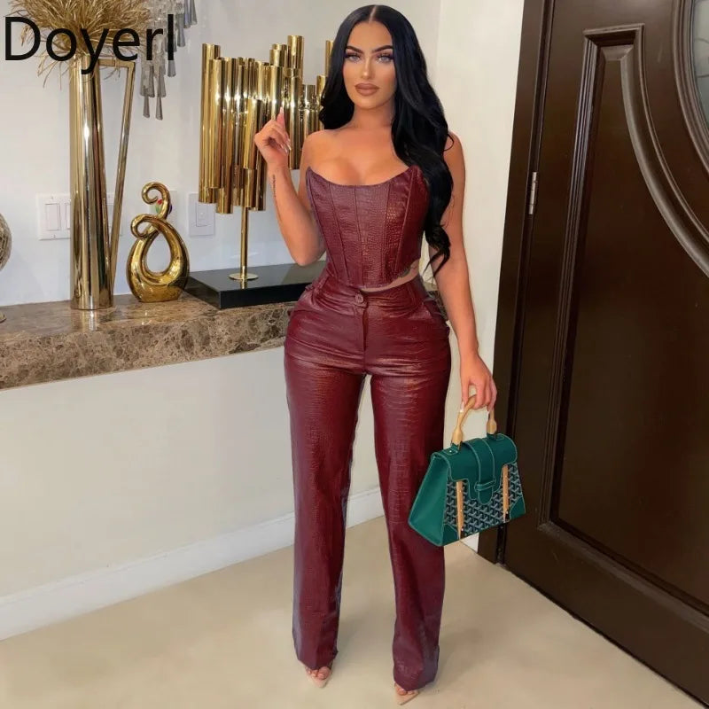 PU Faux Leather 2 Pieces Set for Woman Outfit Birthday Party Club Sleeveless Strapless Crop Top and Wide Leg Pants Matching Sets Main image