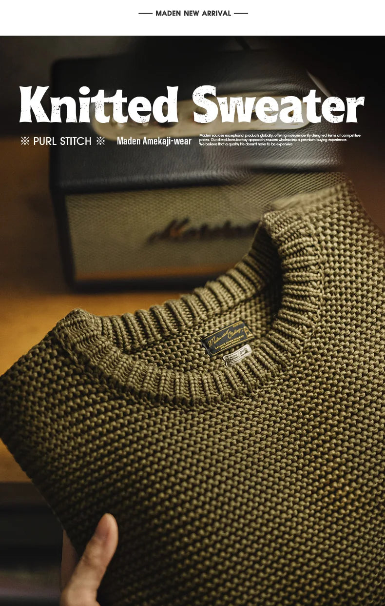 Maden Retro Heavyweight Knitted Sweater Loose Round Neck Pullover Warm Versatile Base Layer Knitwear for Men's Autumn and Winter
